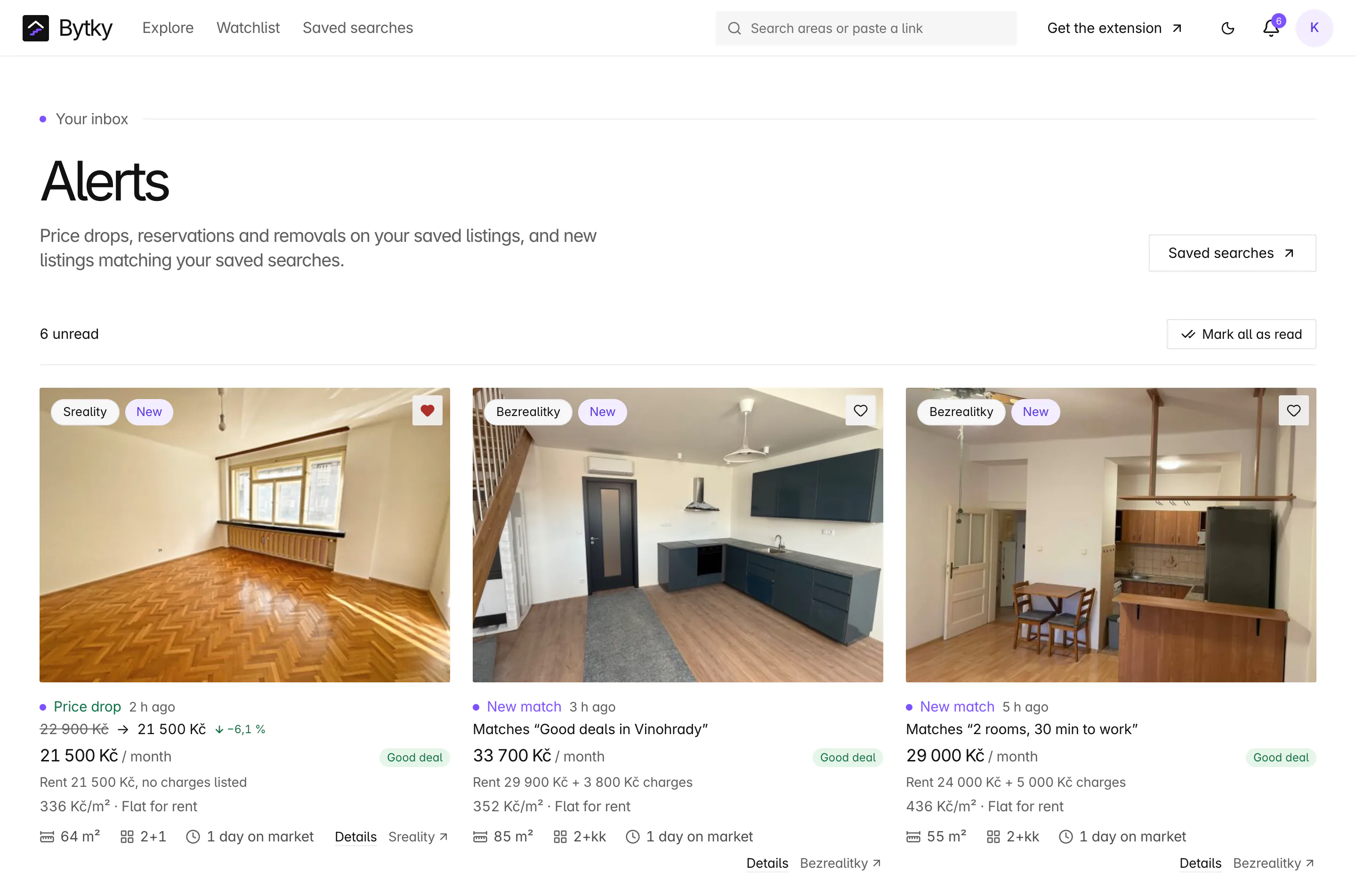 Bytky alerts inbox with six unread: a 6,1 % price drop on a saved Praha 7 flat, and new matches for the saved searches Good deals in Vinohrady and 2 rooms, 30 min to work, each a photo card with total monthly cost and a Good deal badge