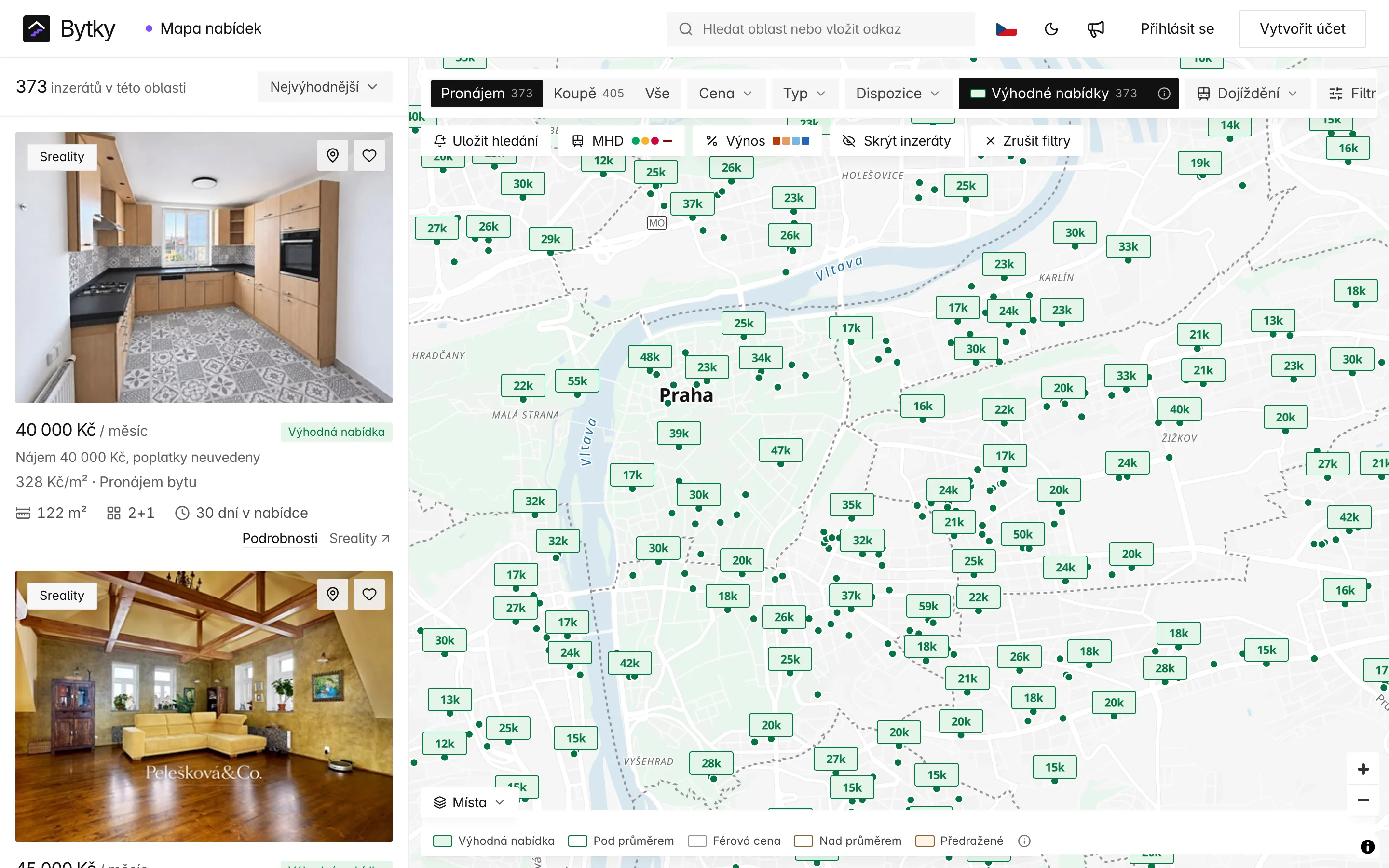 Mapa nabídek Bytky: mapa vnitřní Prahy plná zelených cenových špendlíků u pronájmů označených jako Výhodná nabídka, vedle seznamu seřazeného od nejvýhodnějších, jehož první karta je byt 160 m² se střešní terasou za 58 500 Kč měsíčně.