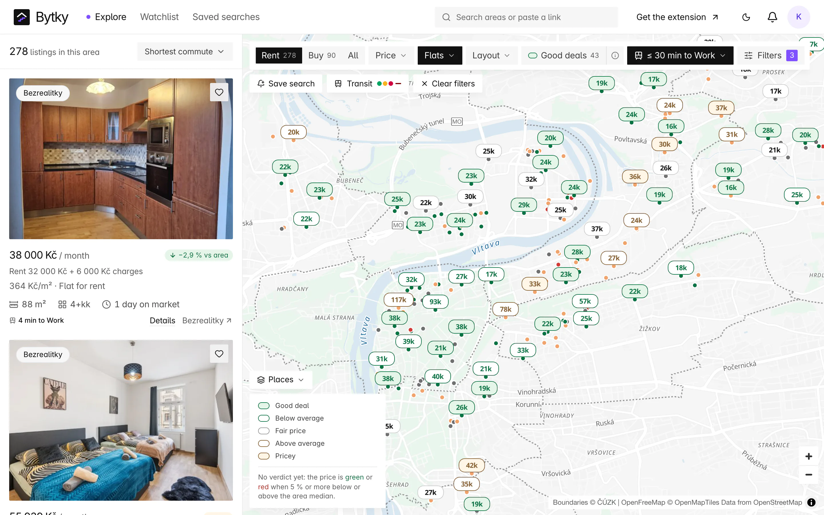 Bytky explorer signed in, with the Commute filter set to 30 minutes or less to Work: rental flats in central Prague on the map, sorted by shortest commute, the first card reading 4 min to Work.