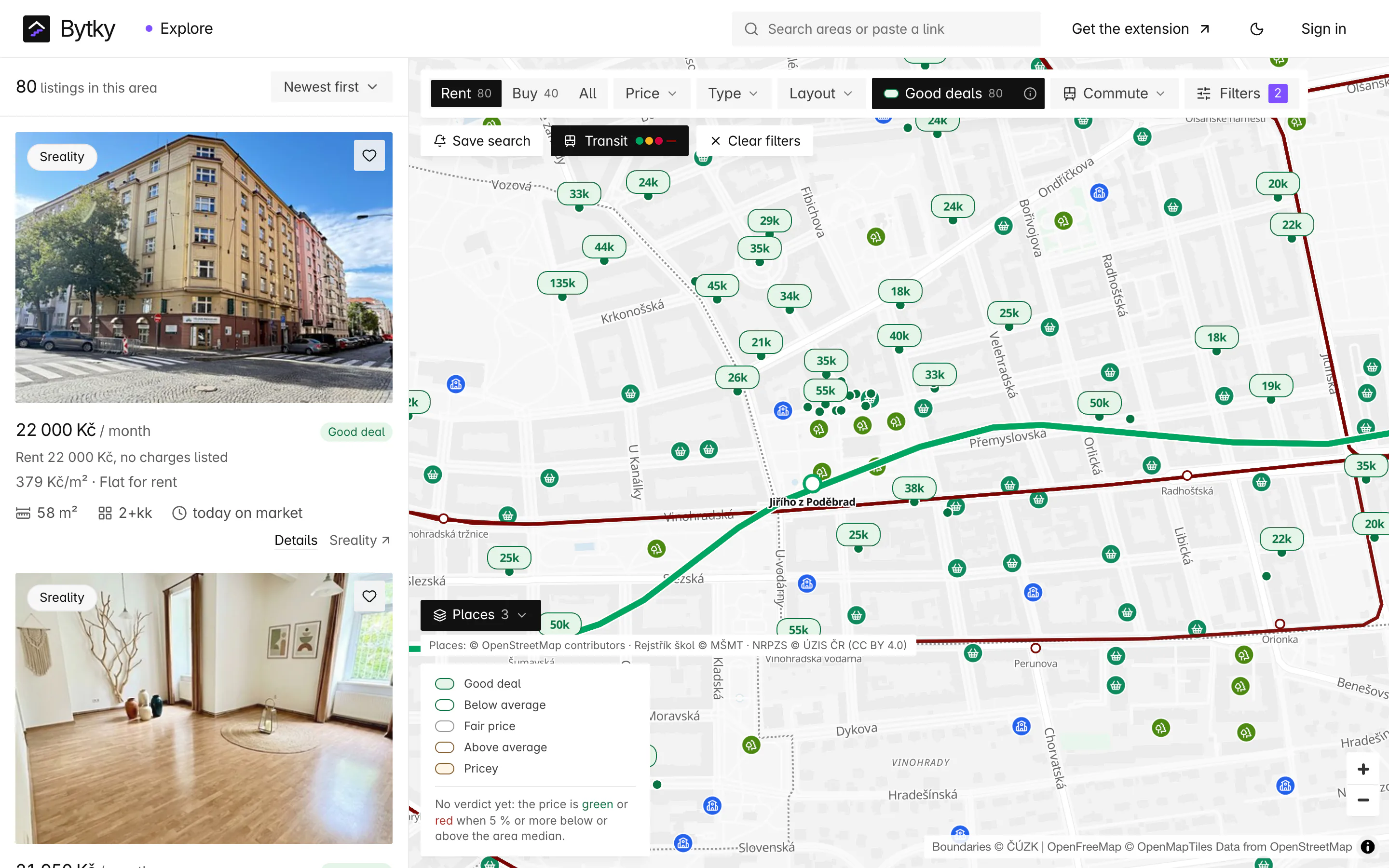 Bytky explorer zoomed into Vinohrady around Jiřího z Poděbrad: metro line A and tram lines drawn on the map, grocery, park and school icons from the Places layer, and green good-deal rent pins, beside listing cards.