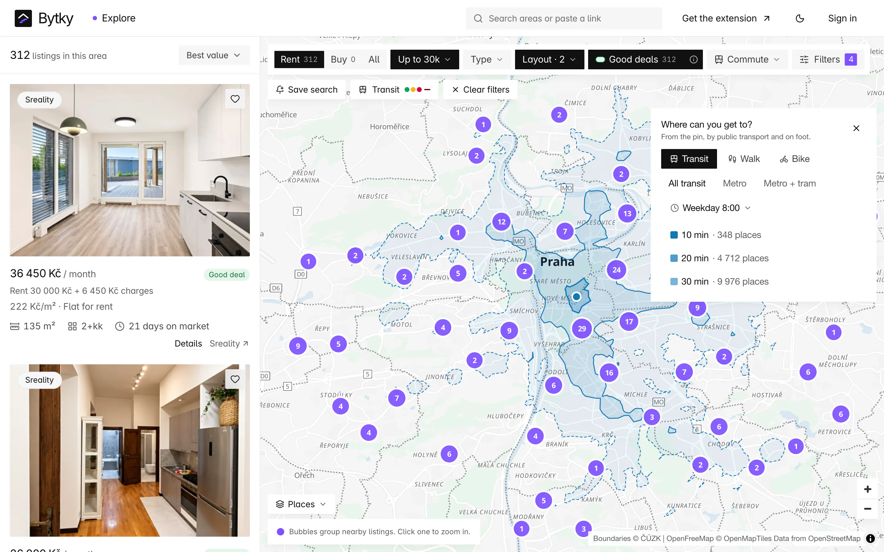 Bytky explorer with a reachability overlay: blue 10, 20 and 30 minute public-transport bands spread across Prague from a pin near Muzeum, with a panel listing 348, 4 712 and 9 976 reachable places, over good-deal rentals.