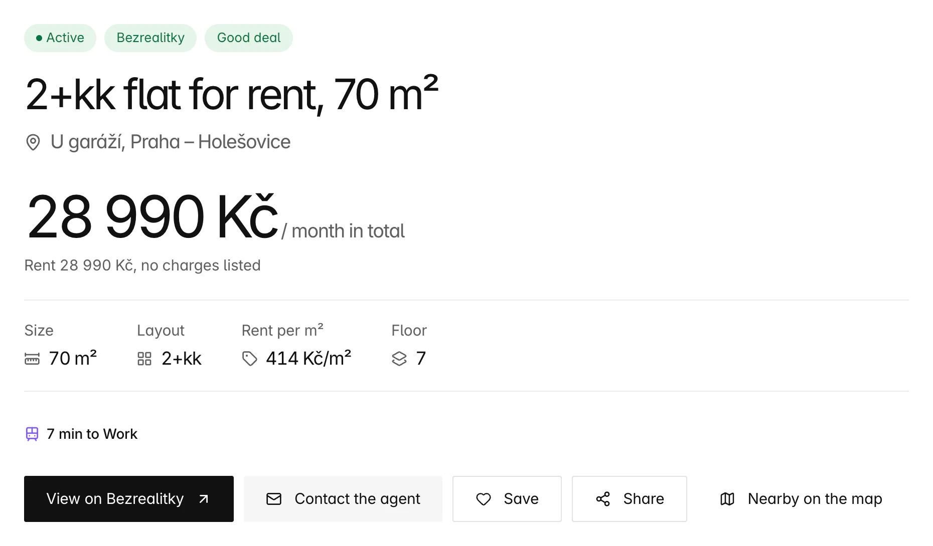 Header of a Bytky listing page, signed in: Active and Good deal badges, 2+kk flat for rent, 70 m² in Holešovice, 28 990 Kč a month, size, layout, rent per m² and floor, and a line reading 7 min to Work.