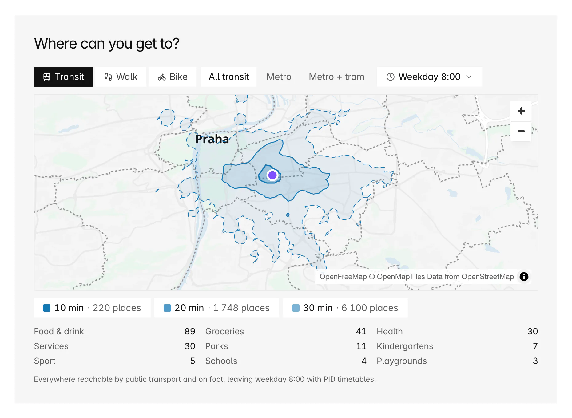 Where can you get to? Map of Prague with nested 10, 20 and 30 minute public-transport bands around a flat in Vinohrady, with place counts per band: 220, 1 748 and 6 100 places.