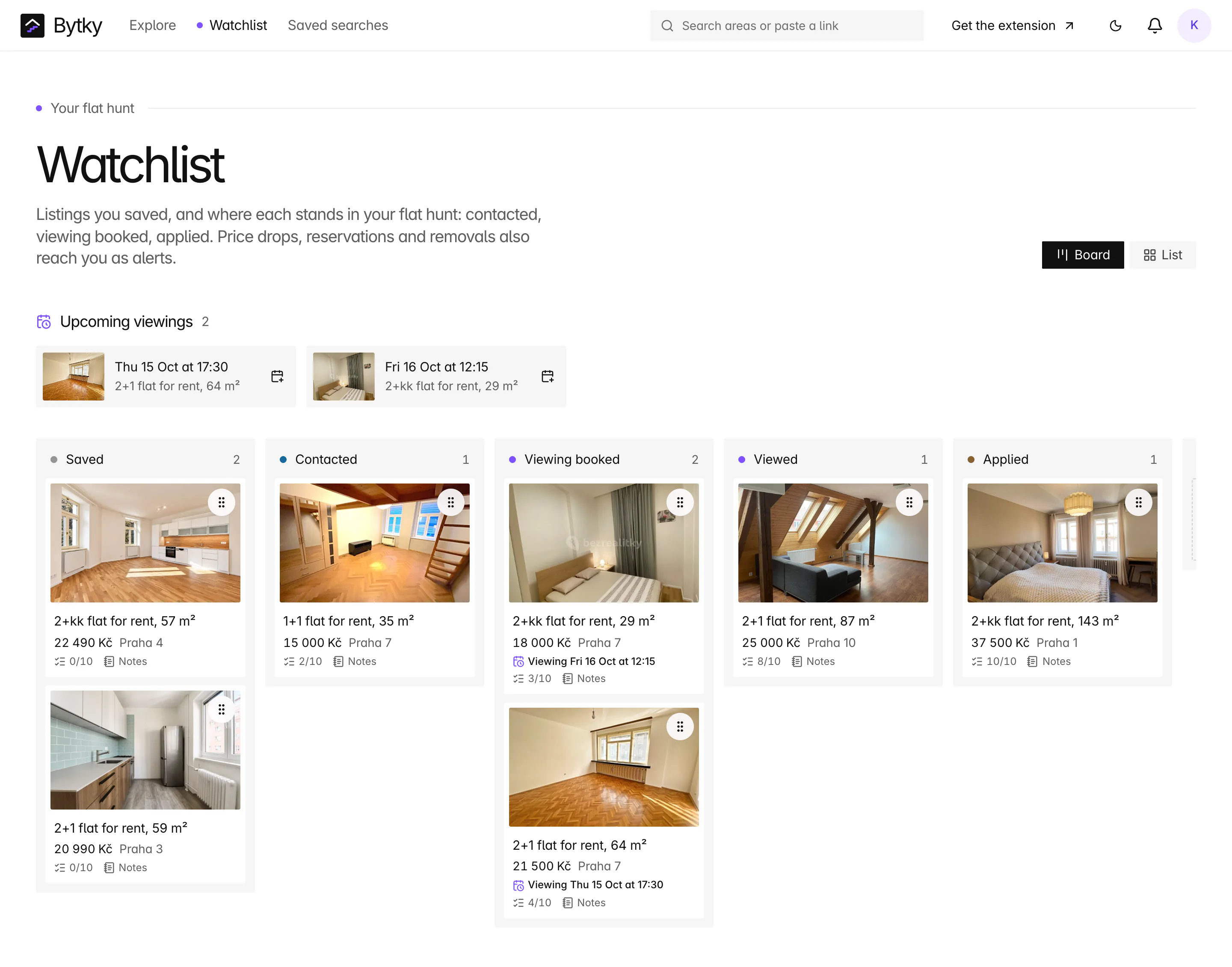 Bytky watchlist in board view: upcoming viewings on Thursday and Friday, then eight Prague flats in columns from Saved through Contacted, Viewing booked, Viewed and Applied, each card with rent, district and checklist progress